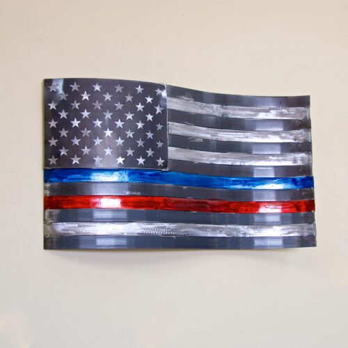 A thin blue line flag is hanging on the wall.
