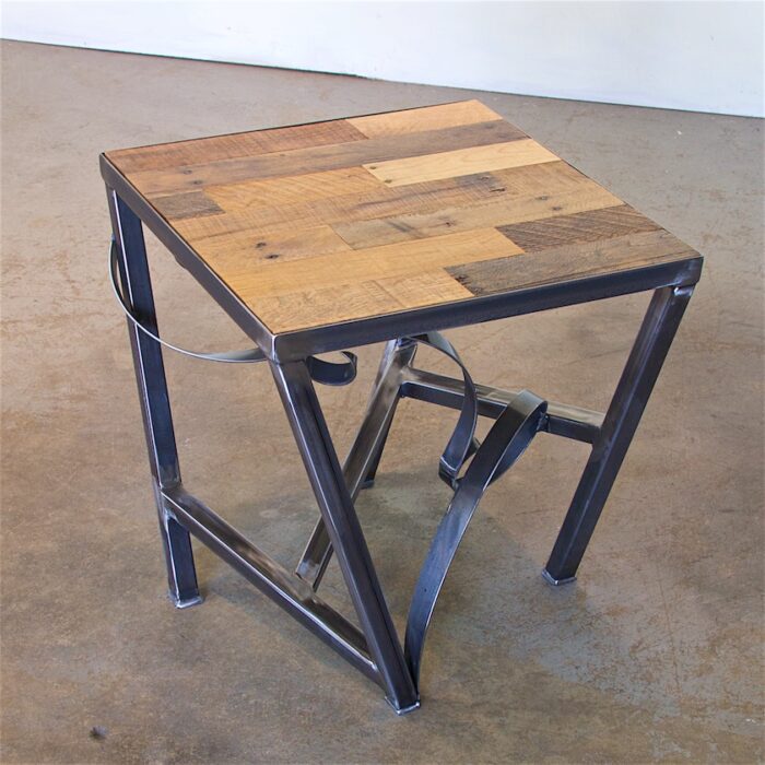 A table made out of wood and metal.
