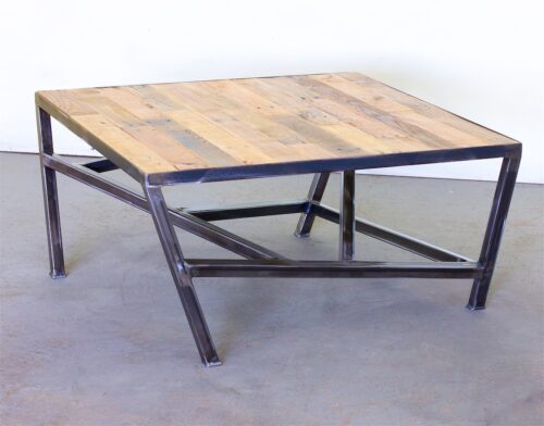 A square coffee table with metal legs and wooden top.